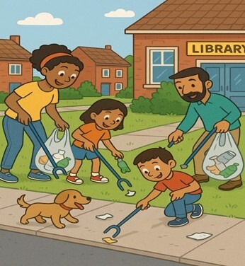 Graphic of a family litter picking outside a library
