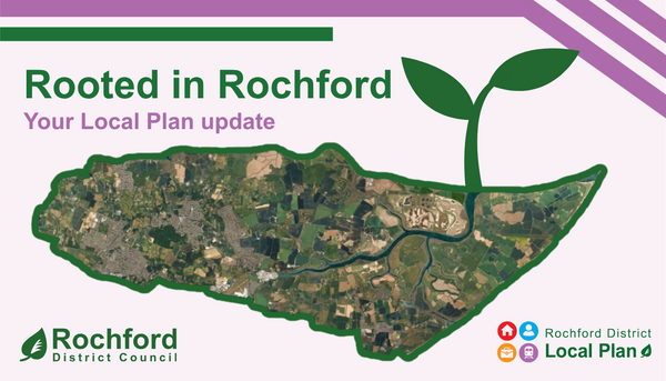 Image of Rochford with a seedling growing from it and the words "Rooted in Rochford: Your Local Plan update"