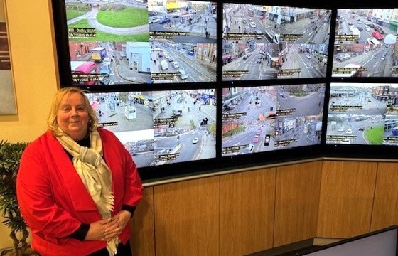 Councillor Suzanne Hartwell at the council's CCTV control room