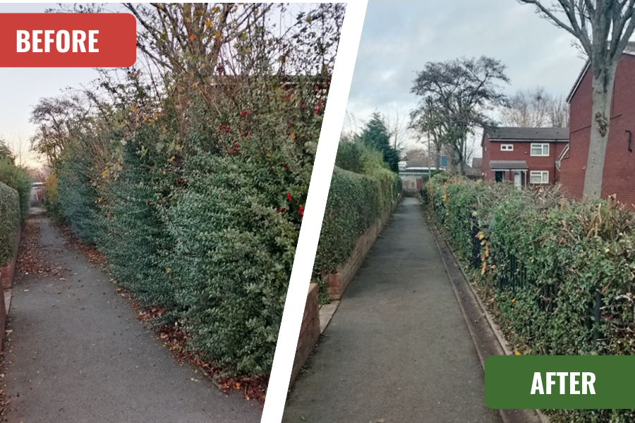Bromfield Crescent alleyway before and after a 'green hit squad' visit