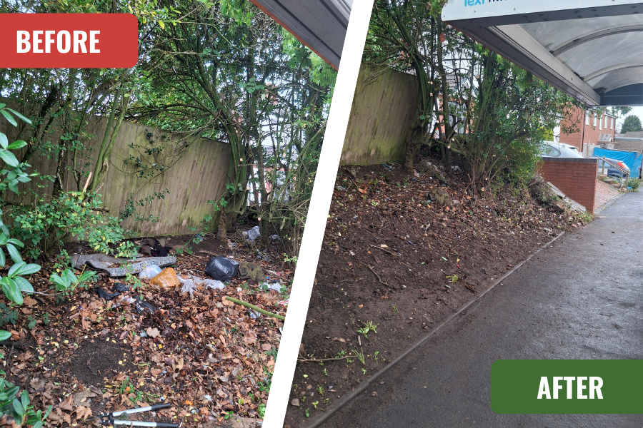 Queen's Road bus shelter embankment before and after a clean-up