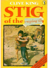 The front cover of the novel 'Stig of the Dump' with a graphic of a post-it note covering the word dump and saying recycling site instead