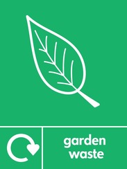 Recycle Now logo with an illustration of a leaf and text saying 'garden waste'