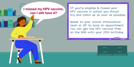 Illustration of an adolescent sat at a desk with a speech bubble quoting "I missed my HPV vaccine, can I still have it?"