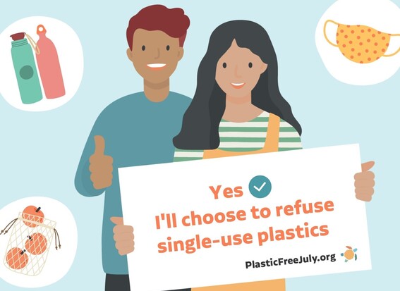 Graphic with two people showing support to reduce plastic waste