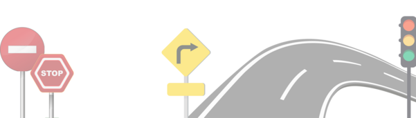 Decorative banner of a road, signs and a traffic light