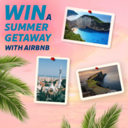 Montage of Airbnb postcard prizes, including a beach, city and coastline