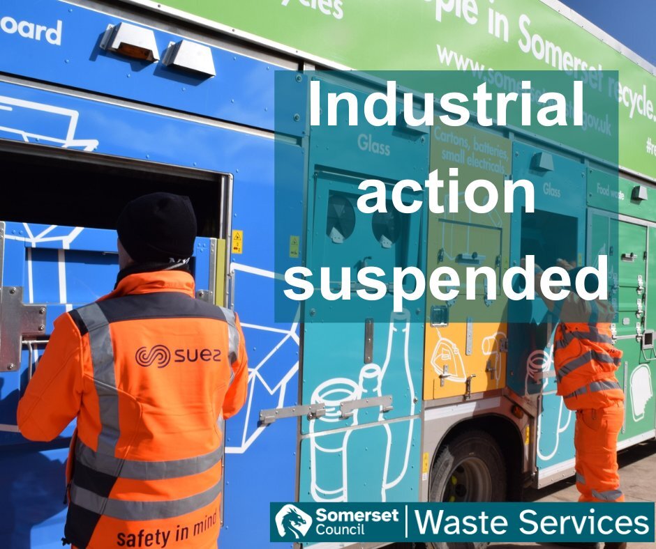 Collectors loading recycling into a Romaquip lorry, captioned 'industrial action suspended'