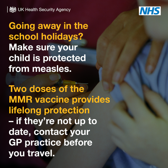 Child being vaccinated, captioned over with 'Going away in the school holidays? Make sure your child is protected from measles'