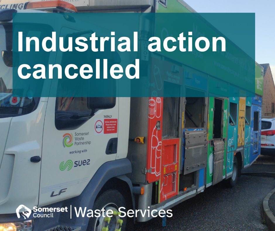 Romaquip recycling lorry, captioned 'Industrial action cancelled'