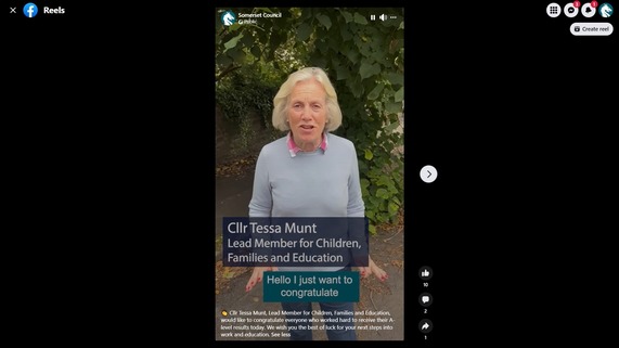 Facebook Reel thumbnail of Cllr Tessa Munt congratulating Somerset’s students for their hard work and commitment towards attaining their results