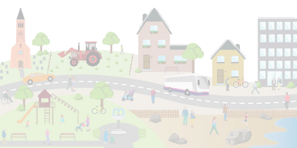 Block colour illustration featuring people and transportation in residential, rural, coastal and business themed areas