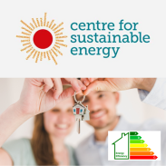 a man and woman holding up keys to new home. Includes the Centre for Sustainable Energy logo and energy efficiency symbol