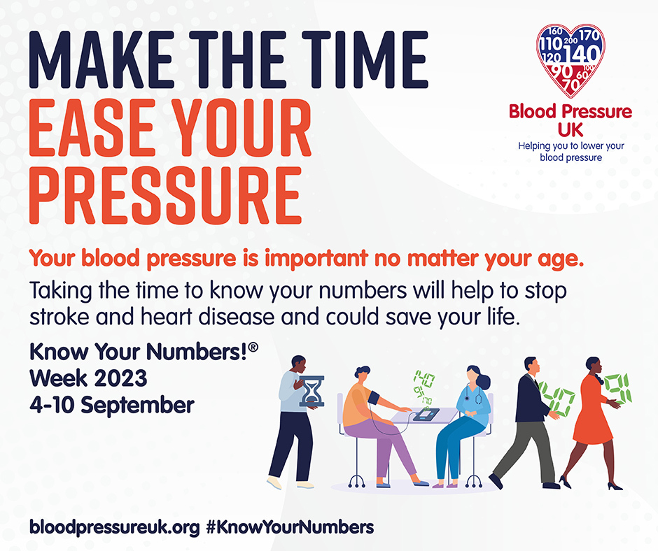 Illustrative graphic of people checking their blood pressure, captioned 'Make the time, ease your pressure'