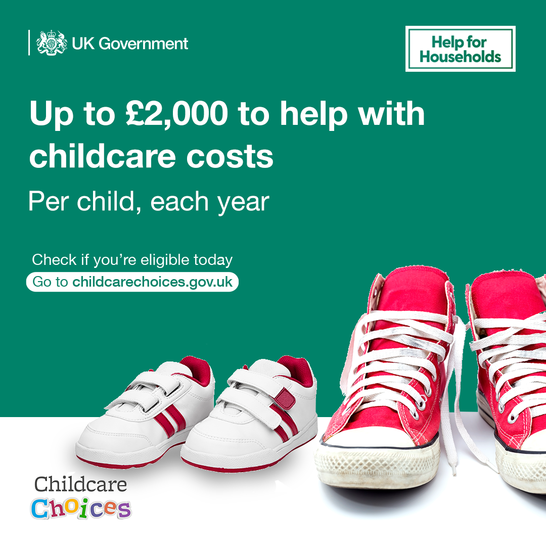 UK Government graphic of childrens' shoes, captioned 'Up to £2,000 to help with childcare costs'