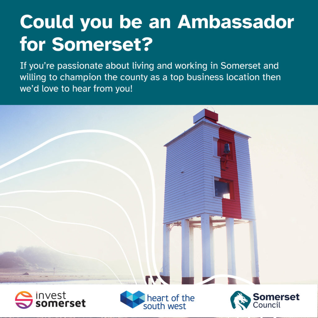 graphic for becoming an ambassador with Somerset Council and the Heart of the South West Local Enterprise Partnership logos