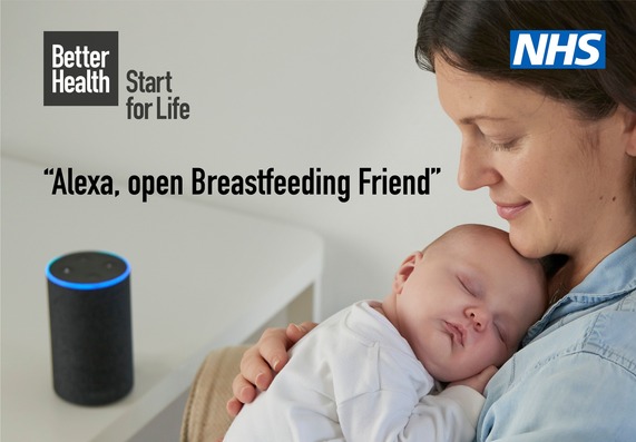 National Breastfeeding Week 2023 advert with a mother cradling her baby and an Alexa Echo Plus