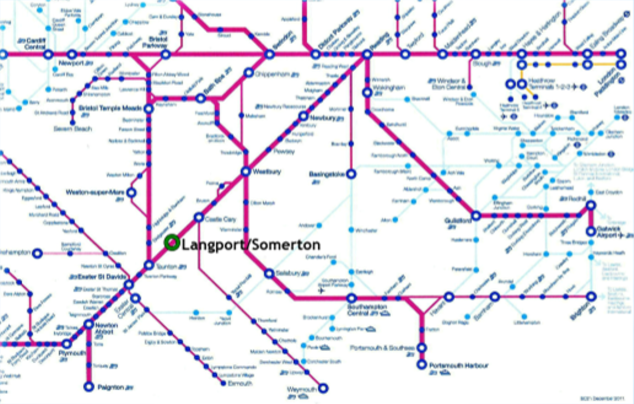Map of rail network that potential for Langport and Somerton could fit