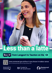 Bus It poster, captioned "Less than a latte"