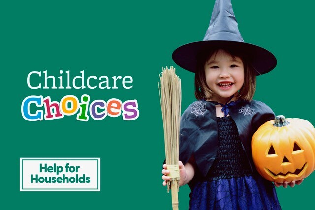 A little girl in a halloween witch costume holding a broom and pumpkin, captioned 'Childcare Choices'