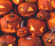 A pile of many pumpkins with scary faces carved in them