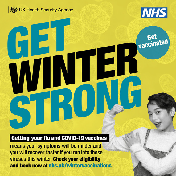 NHS graphic of an oriental woman flexing her bicep, captioned 'Get winter strong'