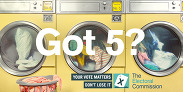 Photo of washing machines in a laundrette with wording encouraging people to register to vote when they've got five minutes