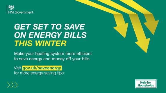 Social graphic of three yellow arrows on a green background, captioned 'Get set to save on energy bills this winter'.