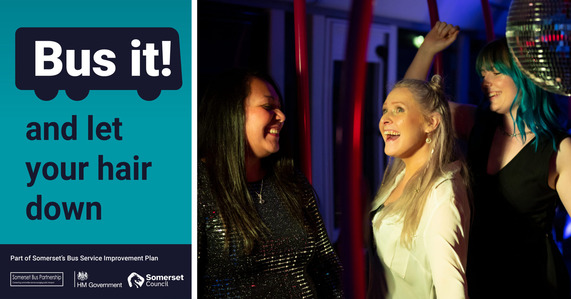 Advert featuring three women dancing on a bus with a disco ball, captioned 'Bus It! and let your hair down'.