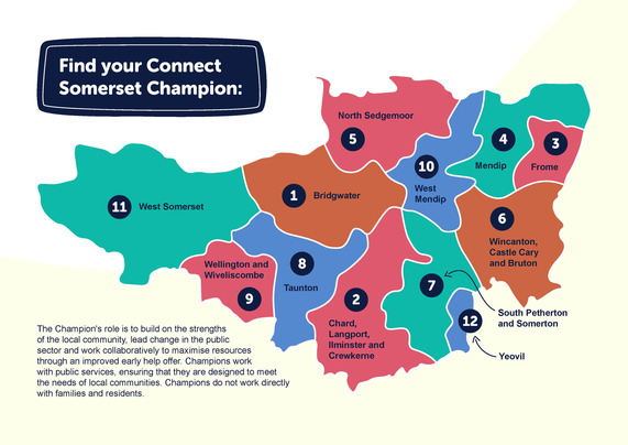 Somerset boundaries map captioned 'Find your Connect Somerset Champion'.