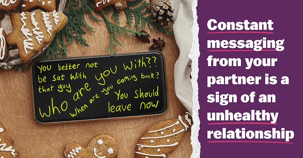 Social graphic featuring Christmas gingerbread biscuits, captioned: 'Constant messaging from your partner is a sign of an unhealthy relationship'.