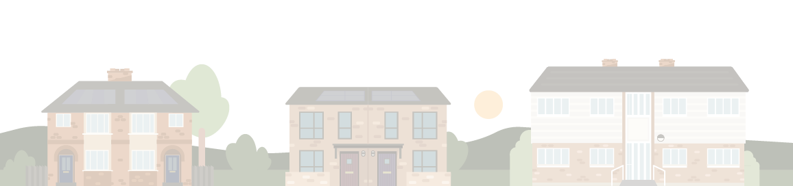 Footer illustration depicting a row of Somerset Council houses in block colour.