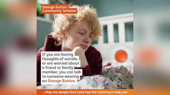 Social graphic of a depressed child, captioned: 'Orange Button Community Scheme.'