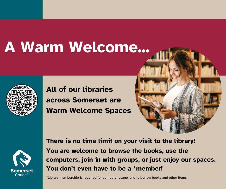 Social graphic featuring a woman looking at a tablet in a library, captioned 'A warm welcome...'.