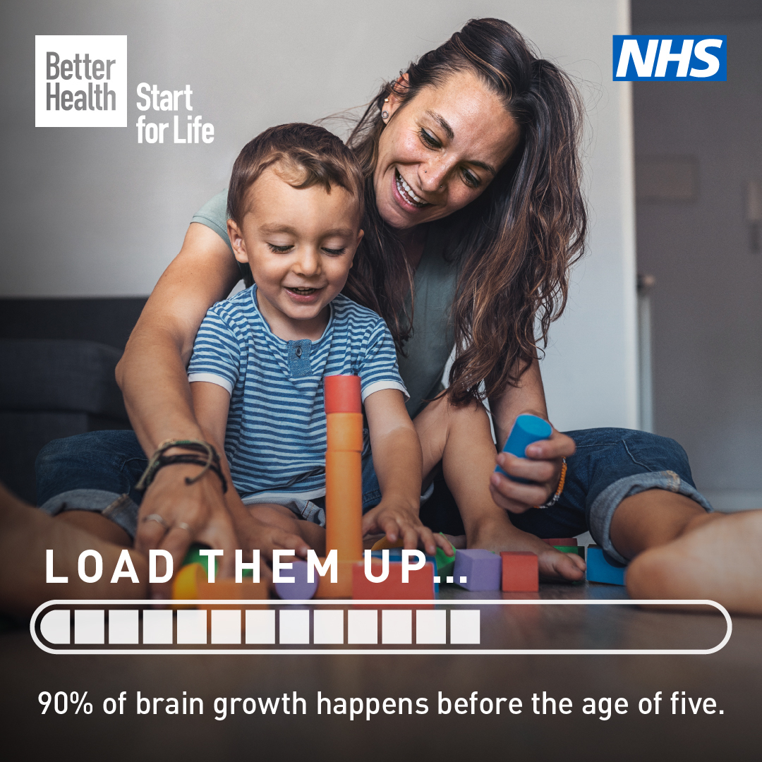 A mum and child playing with building blocks, captioned 90% of brain growth happens before the age of five.