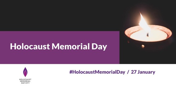 Digital graphic of a burning candle, combined with the Holocaust Memorial Day logo.