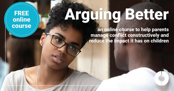 A black adolescent aguing with her father, captioned 'FREE online course' and 'Arguing Better'.