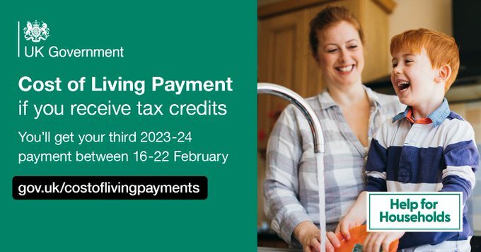 HMRC social graphic featuring a mother helping her young son with the washing-up, captioned: 'Cost of Living payment if you receive Tax credits'.