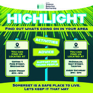 Somerset Violence Reduction Partnership social graphic featuring sign posts, captioned: 'Highlight, find out what's going on in your area'.