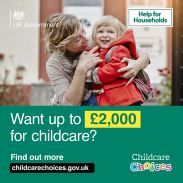 UK Government social graphic of a mother embracing her infant daughter, captioned: 'Want up to £2,000 for childcare?'