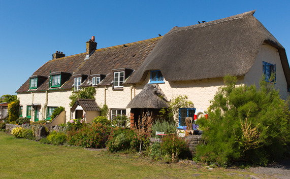 Coast cottages at Porlock Weir village, Somerset England.