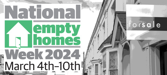 National Empty Homes Week logo combined with grimy looking terraced houses with 'for sale' signs.