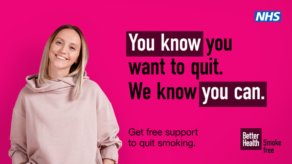 Social graphic featuring a happy looking mature woman wearing a hoodie, captioned: 'You know you want to quit. We know you can.'