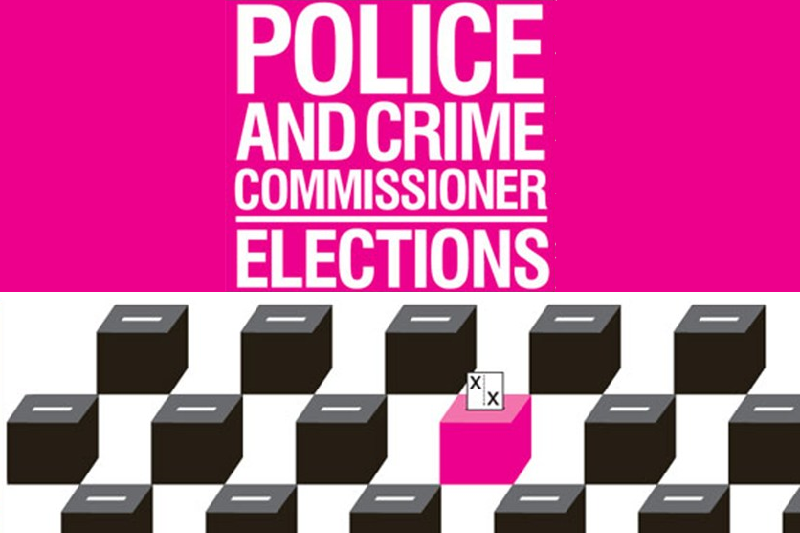 Police and crime commissioner elections logo featuring a pink and black ballot boxes.