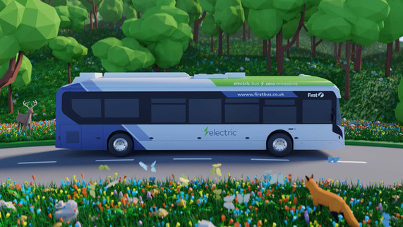 Graphical illustration of an electic bus amongst a lush green environment by FirstBus.