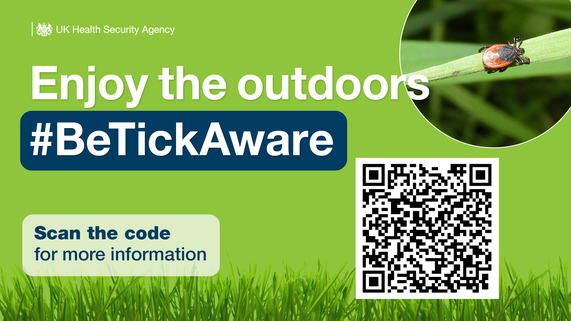 UKHSA social graphic featuring a QR code and tick on a blade of grass, captioned: 'Enjoy the outdoors, #BeTickAware'.