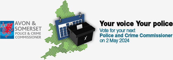 A&S PCC logo along with a map of England and Wales, a calendar and a ballot box, captioned: 'Your voice, your police'.