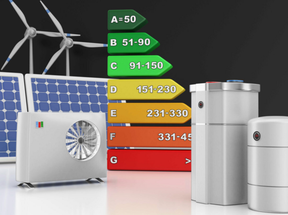 image of air pump, solar panel, wind turbine and energy efficiency graph