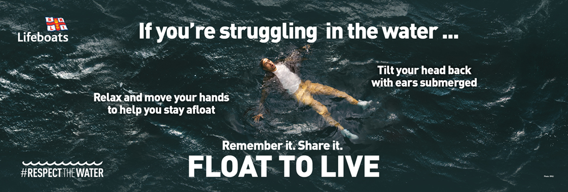 RNLI email banner featuring a man floating in the sea, captioned: 'If you're struggling in the water... Float to live'.