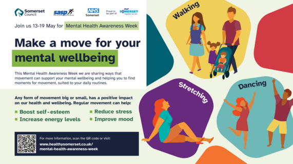 Social graphic featuring partner logos and cartoon figures walking, stretching and dancing, captioned: 'Make your move for your mental health'.